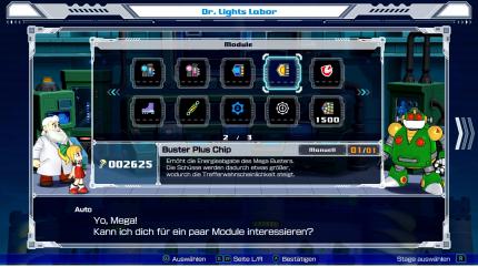 Im Labor könnt ihr diverse Module kaufen, mit denen ihr Mega Mans Roboter-Austattung verbessern könnt.