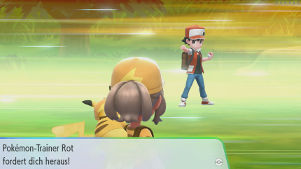 Pokémon-Trainer Rot wartet am Eingang der Pokémon-Liga auf einen starken Gegner.
