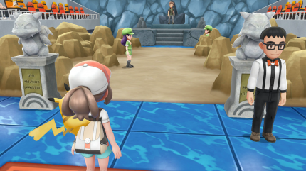 In der Arena müssen wir eine Forderung erfüllen. Wir zeigen ihm ein Wasser- oder Pflanzen-Pokémon.