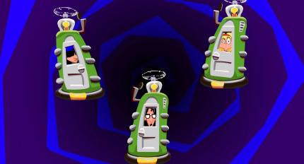 Mit den Chron-O-Johns geht es auf Zeitreise: Bernard bleibt allerdings in der Gegenwart, Hoagie landet in der Vergangenheit und Laverne in der Zukunft. Aus diesem Missgeschick konstruiert Day of the Tentacle etliche Ursache-und-Wirkung-Rätsel.