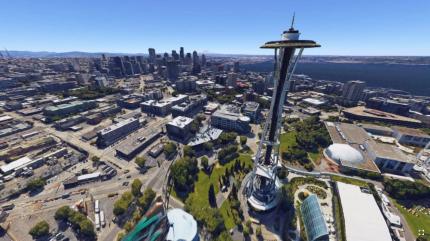 Die Welt mit Google Earth VR zu erkunden ist ein ganz besonderes Erlebnis. Hier fliegen wir gerade über Seattle und schauen uns die berühmte 'Space Needle' an.