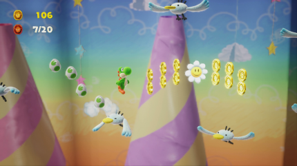 Yoshi's Crafted World: Welt 9 - Level 3: Windwärtsweg: Nach dem Checkpoint müsst ihr über die untere Reihe der Möwen hüpfen, um die zweite Blume zu erwischen.