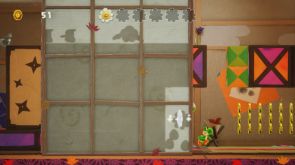 Yoshi's Crafted World: Welt 11 - Level 2: Hinter dem Shoji: Mittels Stampfattacke durch die Kisten gelangt ihr zur zweiten Blume.