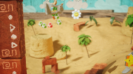Yoshi's Crafted World: Welt 8 - Level 1: Dino-Randale: Mittels Sprungfeder gelangt ihr zur sechsten Blume dieses Levels.