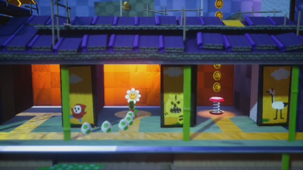 Yoshi's Crafted World: Welt 11 - Level 1: Haus der trügerischen Türen: Diese Tür in der Mitte müsst ihr per Eierschuss erst öffnen, um an Blume Nummer 6 zu gelangen.
