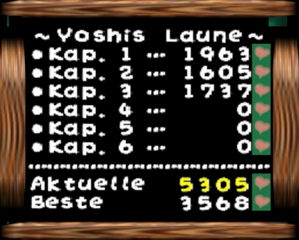Yoshis Laune, so wird der Punktestand im Spiel genannt, ist euer Spielziel neben dem schieren Absolvieren der Levels durch Aufsammeln von 30 Früchten.