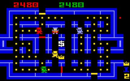 Publikumsliebling: <em>Lock’n’Chase</em> erinnert an <em>Pac-Man</em>, versetzt euch aber in die Rolle eines Diebs, der vor der Polizei flüchtet. Wer die Verfolger abhängen will, muss Gold sammeln und geschickt Türen hinter sich schließen.