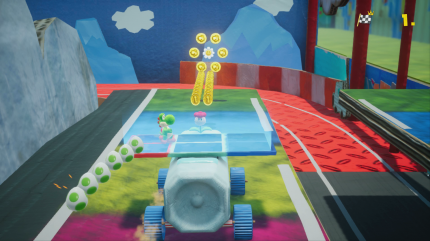 Yoshi's Crafted World: Welt 14 - Level 3: Solar-Zoom (Match): Für die zweite Blume müsst ihr euer Fahrzeug über die löchrige Plattform manövrieren.