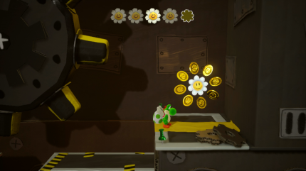 Yoshi's Crafted World: Welt 15 - Level 3: Zahnrosts Fabrik: Um an die fünfte Blume zu gelangen, müsst ihr im letzten Turm euch rechts halten, bis ihr zu dem Shy Guy kommt.