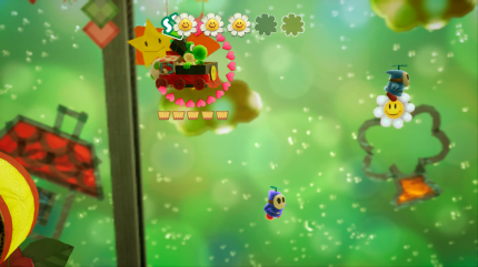 Yoshi's Crafted World: Welt 16 - Level 1: Trampelpfad: Kurz vor dem Ende hält ein Shy Guy die fünfte Blume fest.