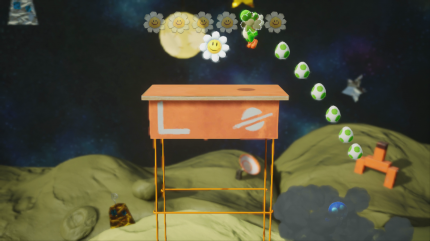Yoshi's Crafted World: Welt 13 - Level 1: Countdown zum Abflug: Um an die sechste Blume zu gelangen, müsst ihr mithilfe der Tintenfisch auf das Gestell springen.