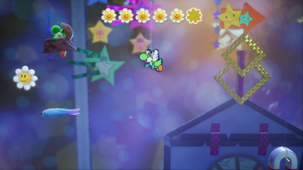 Yoshi's Crafted World: Welt 16 - Level 2: Belagerung: Nahe der Zielgeraden müsst ihr die blauen Gegner nutzten, um an die sechste Blume zu gelangen.
