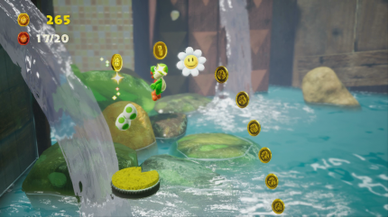 Yoshi's Crafted World: Welt 14 - Level 1: Flussfreunde: Springt bei dem letzten Wasserfall rechtzeitig ab, um die siebte Blume einzusacken.