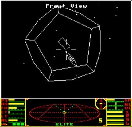 Beim Andocken einer Orbitalstation müssen wir den richtigen Anflugwinkel finden und uns mit der rotierenden Öffnung bewegen. Wer genügend Credits hat, kauft sich den extrem hilfreichen Docking-Computer (Screenshot: BBC Micro).