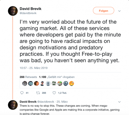 Hat große Befürchtungen, dass Spiele-Streaming-Dienste, bei denen die Entwickler pro gespielter Minute bezahlt werden, das Gamedesign in Zukunft grundlegend verändern werden: David Brevik, Senior Designer und leitender Programmierer des allerersten Diablo.