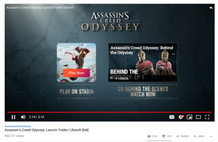 Am Beispiel von Assassin’s Creed: Odyssey wurde die enge Verknüpfung zwischen YouTube und Stadia eindrucksvoll demonstriert. Der Nutzer schaut sich ein Video an, klickt am Ende auf „Play Now“ und kann dann nach wenigen Sekunden sofort drauflosspielen.