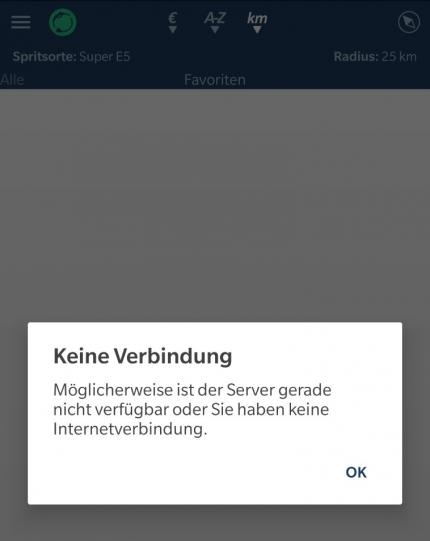 Auch die Tank-App funktioniert nicht ohne mobile Daten.