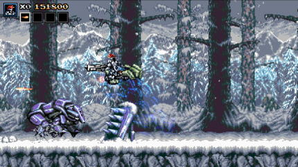 Die Fahrzeugpassagen in Blazing Chrome erinnern an den Klassiker Battle Toads. Hier sind schnelle Reaktionen gefragt, um nicht gegen die Hindernisse zu rasen.