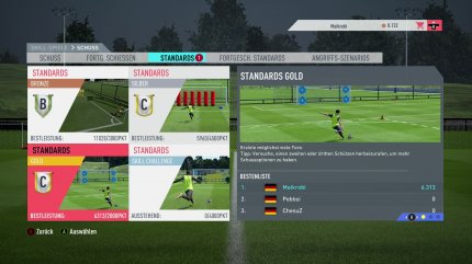 In den Skill-Spielen im Menü-Punkt Schuss findet ihr die Standards. Silber und Gold sind für Elfmeter und Freistöße in FIFA 20 perfekt geeignet.