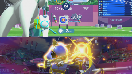 Disziplinen wie das Bogenschießen laufen im Zweispielermodus im Splitscreen ab. Unten sieht man, wie sich Metal-Sonic zu einem Superschuss bereitmacht, der doppelte Punkte bringt. <br> &nbsp;