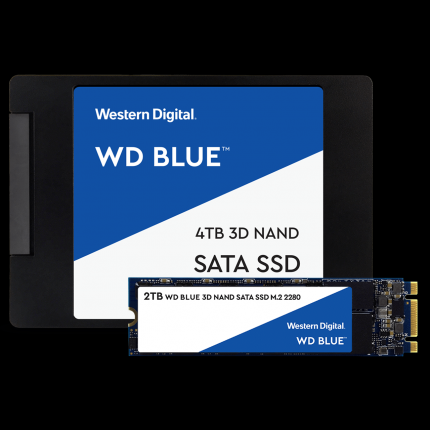Die Blue-Reihe von Western Digital bietet SSDs in zwei Bauarten und (nicht im Bild) auch Festplatten.
