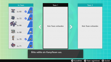 Entweder kämpfen wir mit unserem Team, oder wir leihen uns einige Pokémon an der Rezeption. Die Reihenfolge der eingesetzten Taschenmonster will ebenfalls gut gewählt sein.&nbsp;