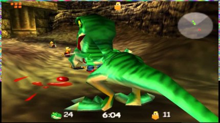 Einer der genialen Modi des Mehrspielers ist Raptor. Eine Seite spielt die Dinosaurier und frisst die Höhlenmenschen, die wiederum wollen die Eier der Dinos stehlen.