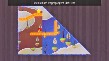 Indem wir das rechte obere Eck nach vorne falten, setzen wir den Weg fort. Die Puzzles erfordern es also im wahrsten Sinne des Wortes, um die Ecke zu denken.