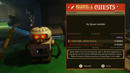 Der Aushilfsroboter BURG.L versorgt uns täglich mit drei neuen Quests. Zudem kann man mit der Währung 'Raw Science' neue Rezepte bei ihm kaufen.