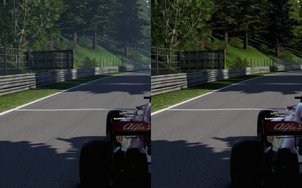 Links hohe, rechts niedrige Details. Bei niedrigen Details fehlen Gras und Blüten und die Unschärfe. Die Lackierung des Chassis wirkt blasser und undifferenzierter.