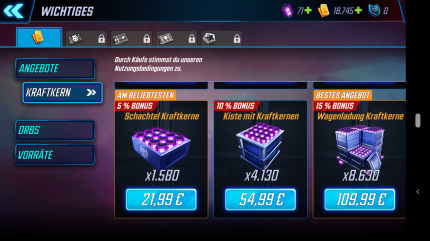 Dass man durch eine Mikrotransaktion fast so viel Geld ausgeben kann wie für zwei PC-Vollpreisspiele, ist in Titeln mit Gacha-Mechanik weit verbreitet. Marvel Strike Force verlangt für eine „Wagenladung Kraftkerne“ satte 109,95 Euro.
