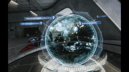 Am holografischen Globus können wir unseren nächsten Missionspunkt und Nebenaufgaben auswählen.