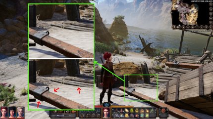 Hier ein Beispiel für die Grafik mit und ohne Kantenglättung bei Baldurs Gate 3 anhand eines Holzbalkens und einigen Holzlatten im Hintergrund.