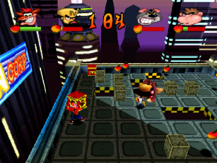 Der eher schmächtige Crash Bandicoot tut sich in Crate Crash etwas schwer damit, Kisten zu schleppen und zu werfen.
