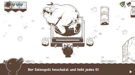 In so ziemlich jeder neuen Welt wird man von einer leicht erotisch anhauchenden Skulptur des Entengotts begrüßt. Wem's gefällt.