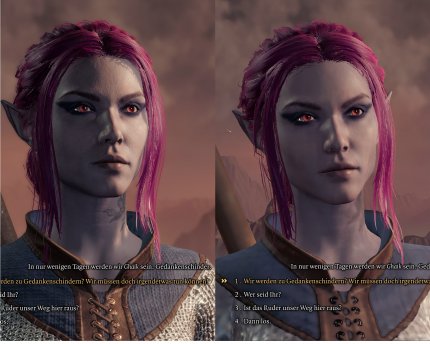 Baldurs Gate 3: Bei niedrigen Details (rechts) wirkt die Haut unnatürlich glatt, das Hals-Tattoo sieht eher aus die Dreck, die Kleidung hinterlässt keinen plastischen Eindruck.