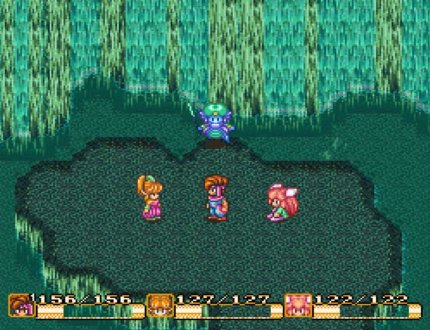 Secret of Mana (1993) für das Super Nintendo gilt als eines der ersten SNES-Rollenspiele mit komfortablem Drop-In-/Drop-Out-Koop-Modus. Drei Spieler können einen Großteil der ca. 25-stündige Story gemeinsam bewältigen.