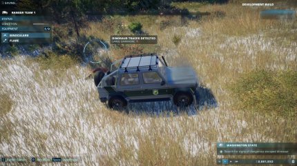 Um in der weiten Wildnis entflohene Dinos zu finden, brettern wir mit dem Jeep durch die Landschaft und analysieren Hinweise.