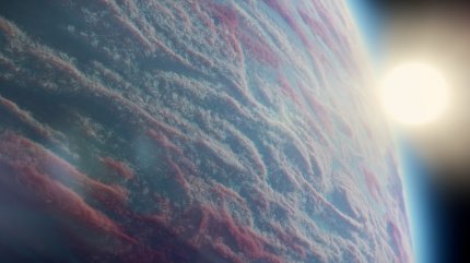 Planet mit aufgehender Sonne am Horizont