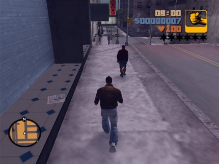 Ein typisches Bild aus GTA 3: Die eigene Spielfigur joggt die Straße entlang. Vor ihr sieht man Fußgänger und Geschäfte. Oben rechts durch die Polizei-Sterne dargestellt: das Fahndungslevel.<br> &nbsp;