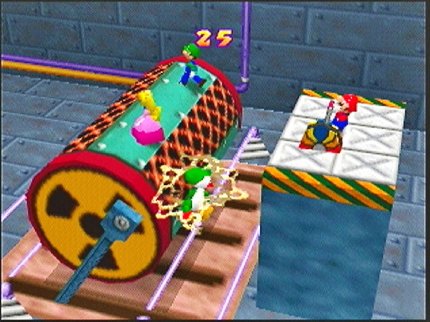 Drei Spieler versuchen in diesem Minispiel, auf der Rolle zu balancieren, die wiederum vom Einzelspieler gedreht wird. Wer abrutscht, wird gebrutzelt!