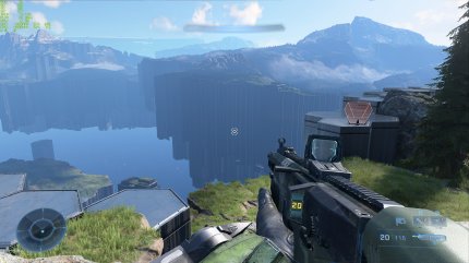 Halo: Infinite spielt auf einer künstlich generierten Welt, deren Vegation und Bauten auf sechseckigen, unterschiedlich hohen Pfeilern platziert ist.