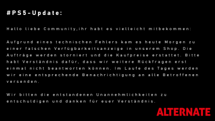 Bei Alternate kam es gestern zu einem 'Fake PS5 Drop' aufgrund eines technischen Fehlers.