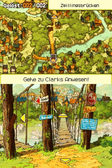 In den ersten vier Layton-Titeln bewegen wir uns mithilfe gelber Pfeiltasten von Hintergrundbild zu Hintergrundbild.&nbsp;Später wird diese Mechanik durch eine Karte ersetzt, auf der wir auch weitere Strecken zurücklegen können.<br> &nbsp;