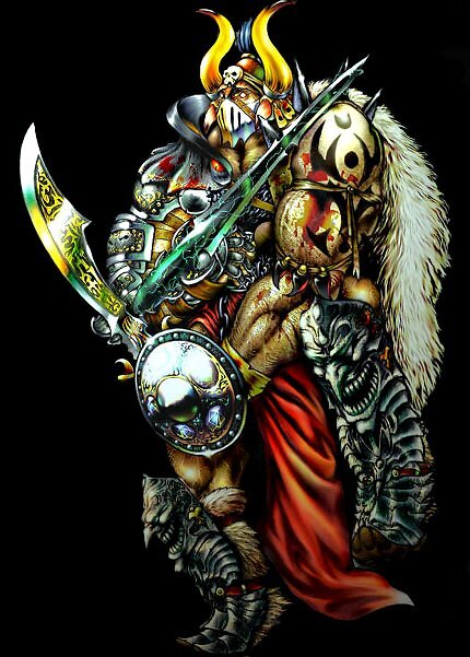 Ein farbenprächtiges, detailreiches Charakter-Artwork des Diablo 2 Barbaren auf rein schwarzem Hintergrund. Der muskulöse Krieger trägt einen Helm mit großen, gelben Hörnern, eine Visiermaske aus Metall und verzierte, blutverschmierte Schulterplatten mit weißem Fellbesatz. In der rechten Hand schwingt er einen krummen, golden glänzenden Säbel, während er in der linken Hand einen runden, verzierten Schild hält. Seine Beinschienen zeigen dämonische Fratzengesichter.