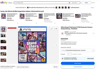 GTA 6 für 59,95€ vorbestellen? Bei Ebay muss man aufpassen - dieses Angebot ist mittlerweile verschwunden.