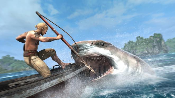 Perverse Tierquälerei: Kenway muss Ressourcen sammeln, um neue Objekte herzustellen. Haie und Wale harpuniert man in einem blutigen Minispiel und quält die Tiere minutenlang bevor sie sterben.