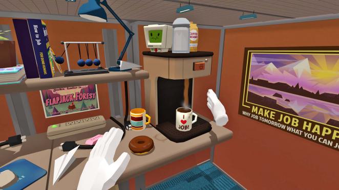 Erstmal ein Kaffee, bevor die Arbeit beginnt. Wirklich unter Stress steht ihr beim Job Simulator aber nicht, es gibt keine Zeitlimit für eure Aufgaben.
