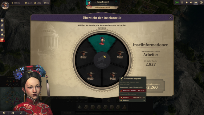 Mit ausreichend finanziellen Mitteln übernehmen wir Anteile an den Inseln unserer Konkurrenten und können so sogar die volle Kontrolle übernehmen.