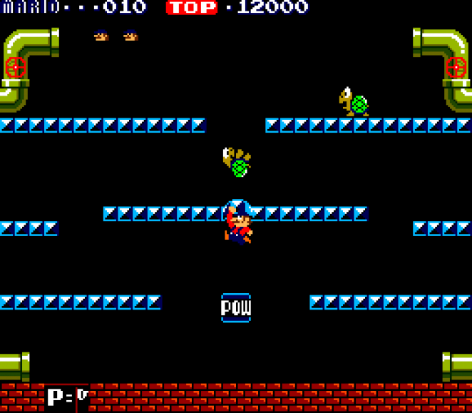 In Marios. Bros. von 1982 macht die Nintendo-Ikone Schildkröten und Co. mit einem beherzten Sprung von unten zunächst bewegungsunfähig. Anschließend zieht er sie durch Drüberrennen aus dem Verkehr und kassiert dafür Punkte.